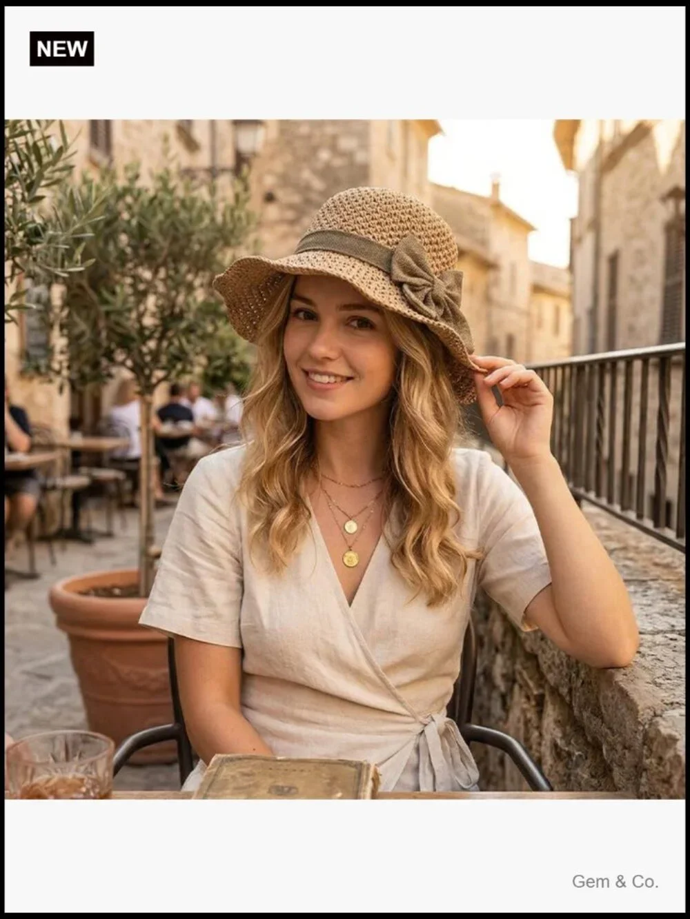 Woven Straw Sun Hat with Bow Wide Brim Packable Travel Bucket Hat